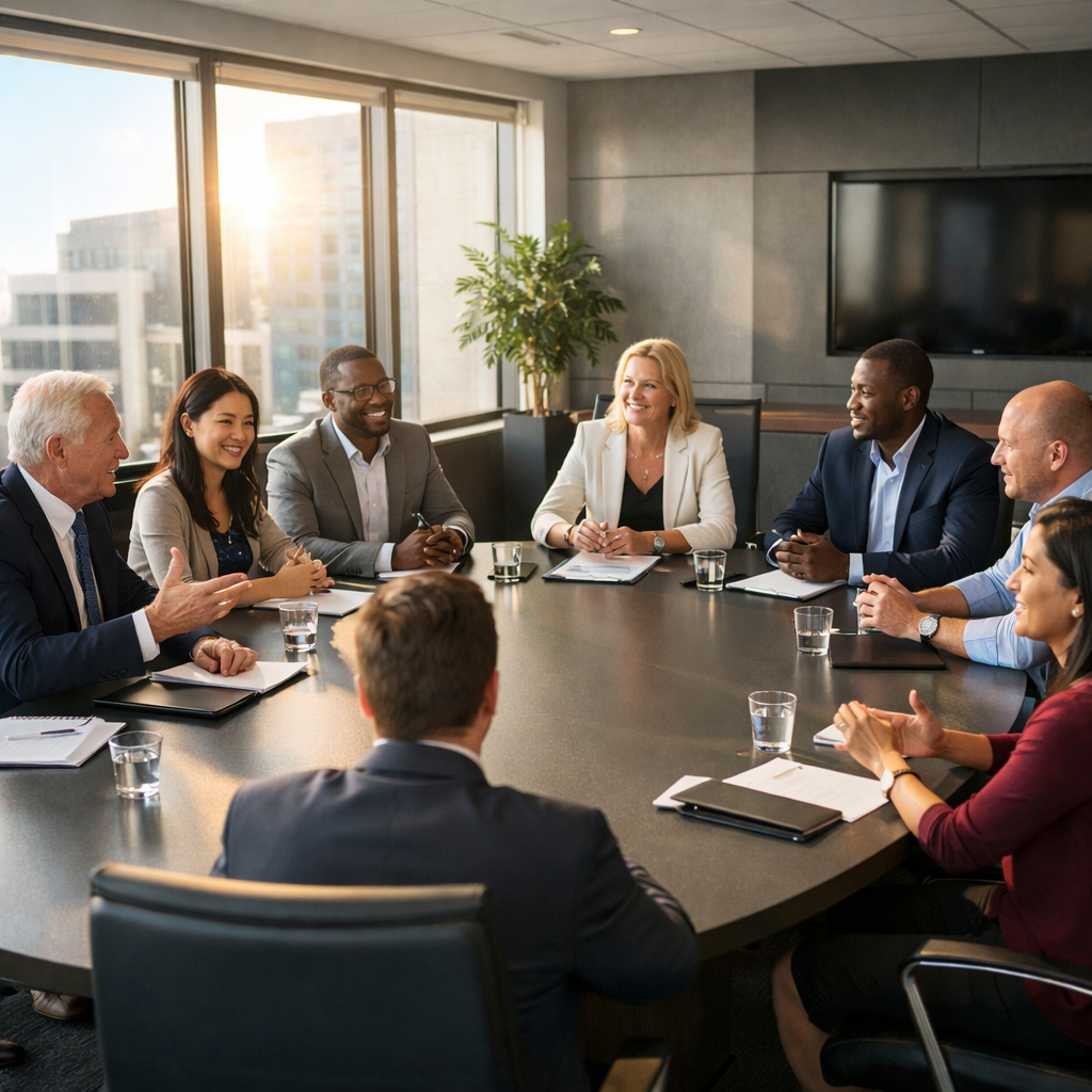 The image presents a modern corporate boardroom with a sleek minimalist design A large oval table dominates the center surrounded by highbacked chairs-2